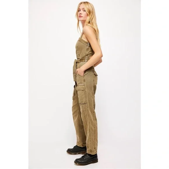 Free People Go West Utility Jumpsuit Moss green size large coverall cargo army L - Picture 3 of 15